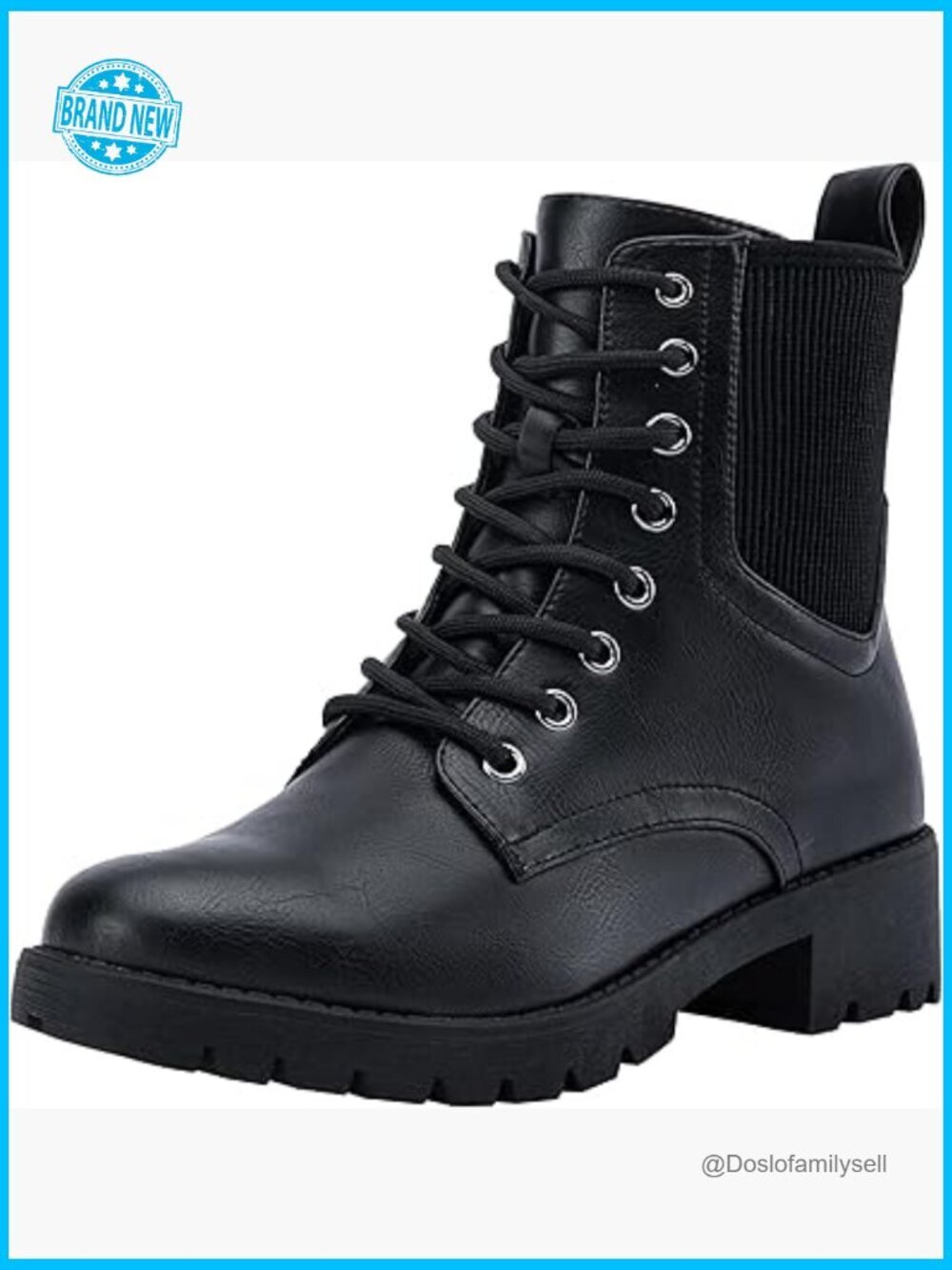Ankle Boots Combat Lace Up Short Booties with Inside Zipper Low Heel Faux